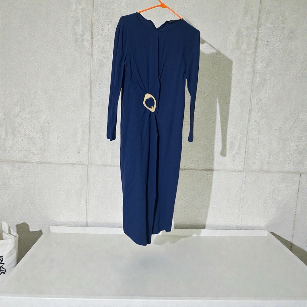 Zara Elegant Blue Dress with Gold Detail